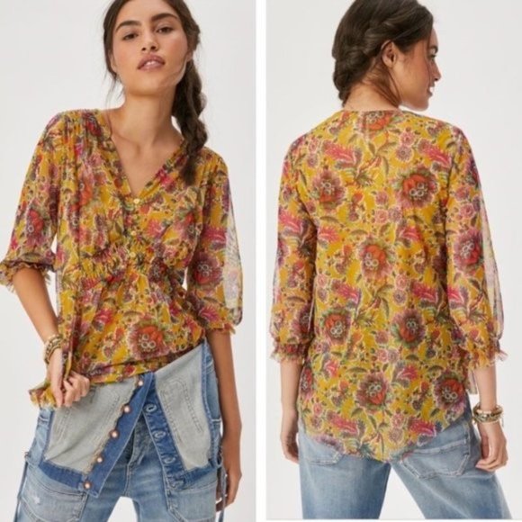 Anthropologie Gretchen V Neck Smocked Mesh Top Yellow Sheer Floral Blouse XS New - Picture 2 of 11
